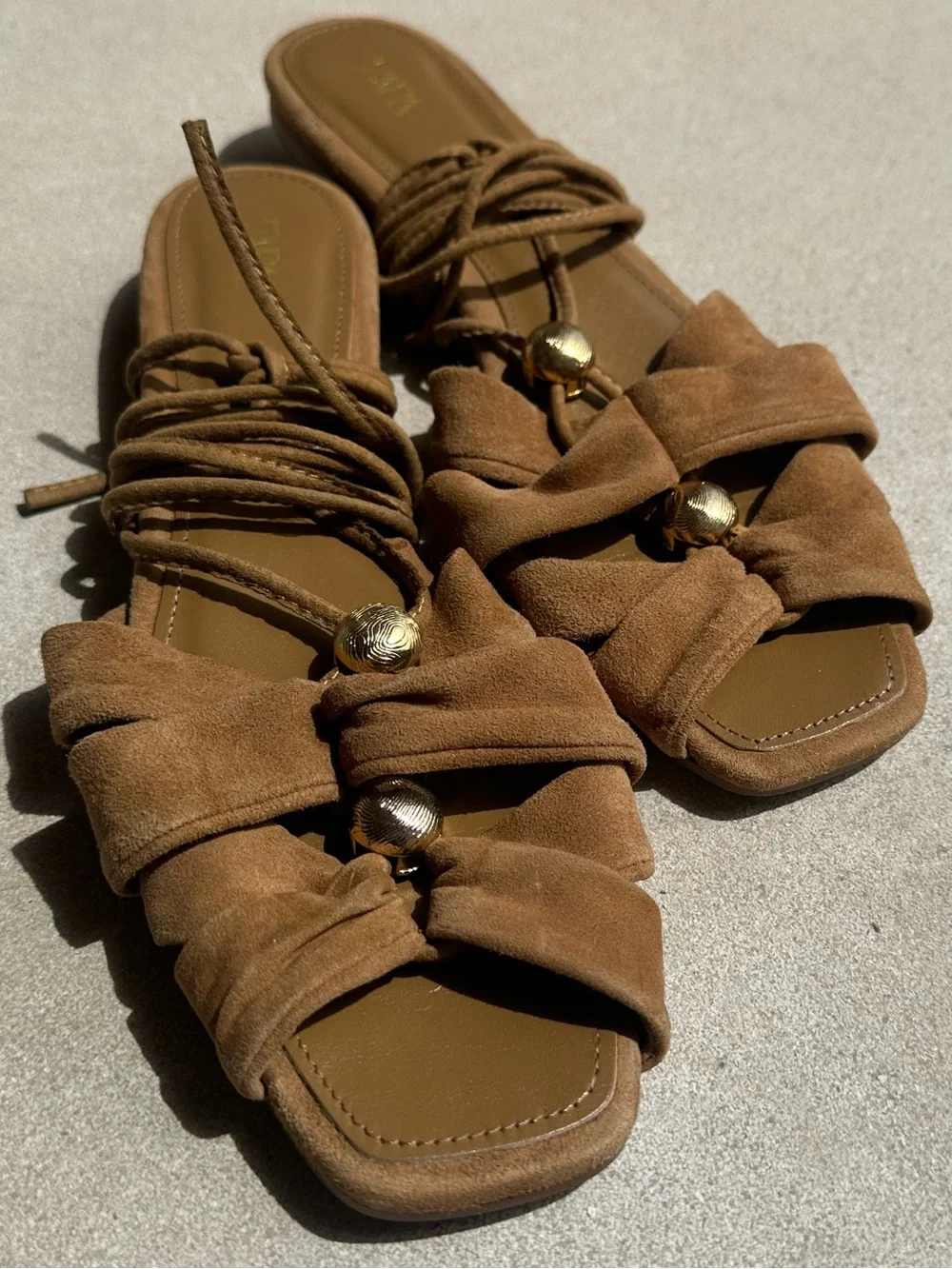 Zara Cognac Suede Gold Coastal Resort Beach Knotted Lace Tie Up Sandals- Size 41 - Picture 3 of 6